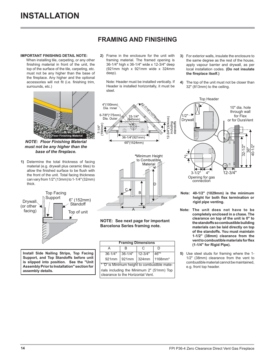 Installation, Framing and finishing | Regency Zero Clearance Direct Vent Gas Fireplace P36-LP4 User Manual | Page 14 / 68