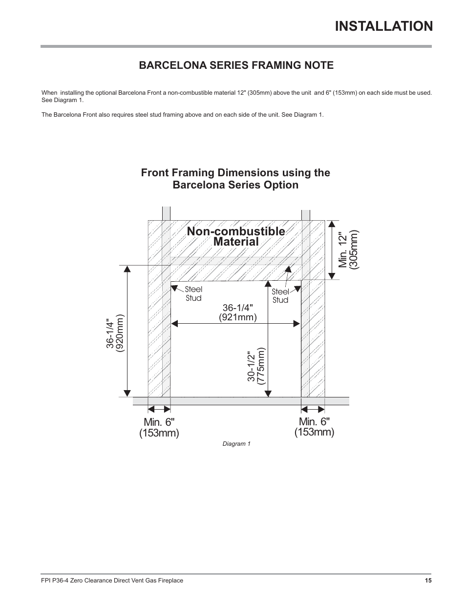 Installation, Non-combustible material | Regency Zero Clearance Direct Vent Gas Fireplace P36-LP4 User Manual | Page 15 / 68