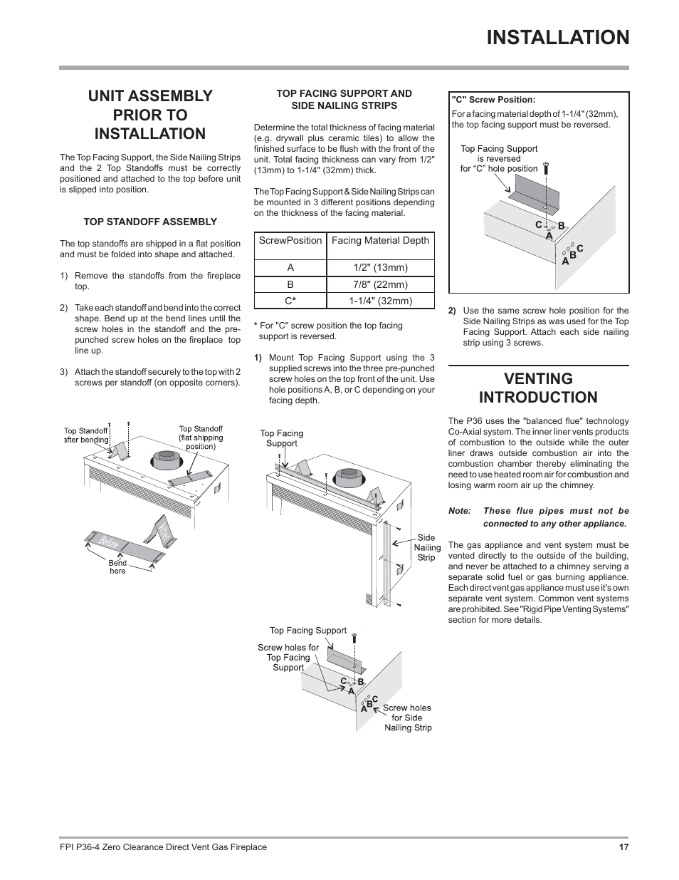 Installation, Unit assembly prior to installation, Venting introduction | Regency Zero Clearance Direct Vent Gas Fireplace P36-LP4 User Manual | Page 17 / 68