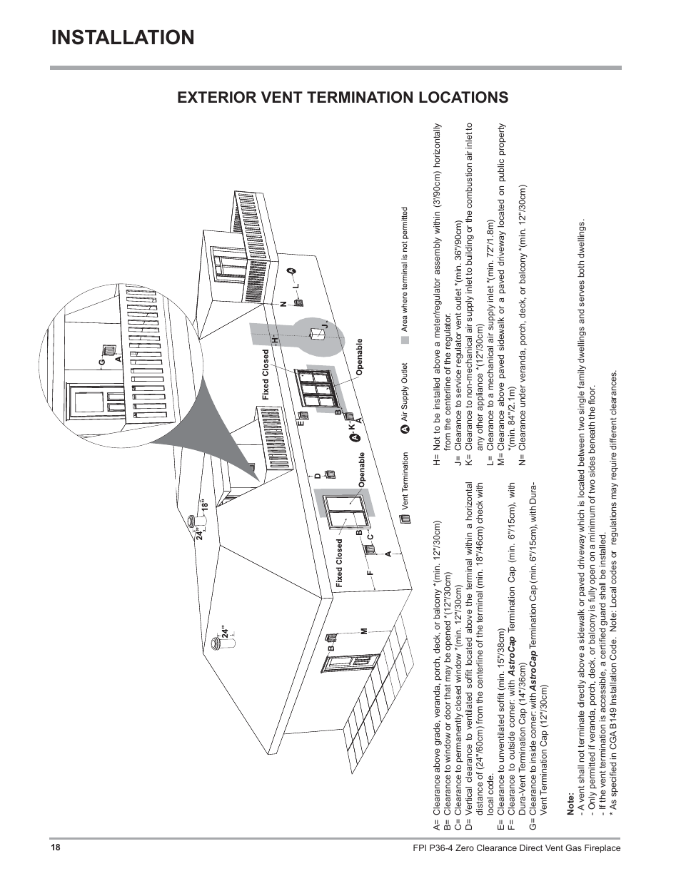 Installation, Exterior vent termination locations | Regency Zero Clearance Direct Vent Gas Fireplace P36-LP4 User Manual | Page 18 / 68