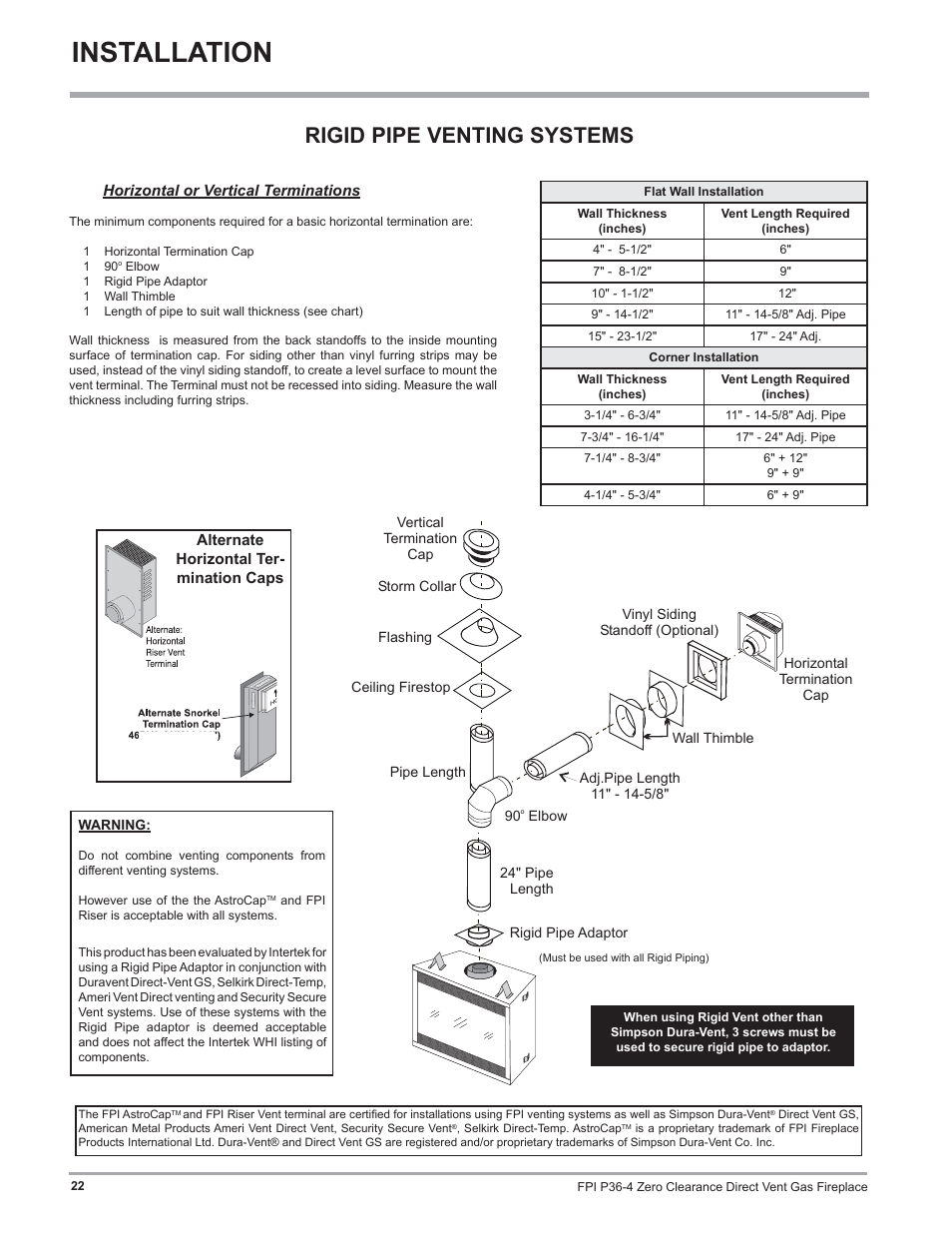 Installation, Rigid pipe venting systems | Regency Zero Clearance Direct Vent Gas Fireplace P36-LP4 User Manual | Page 22 / 68