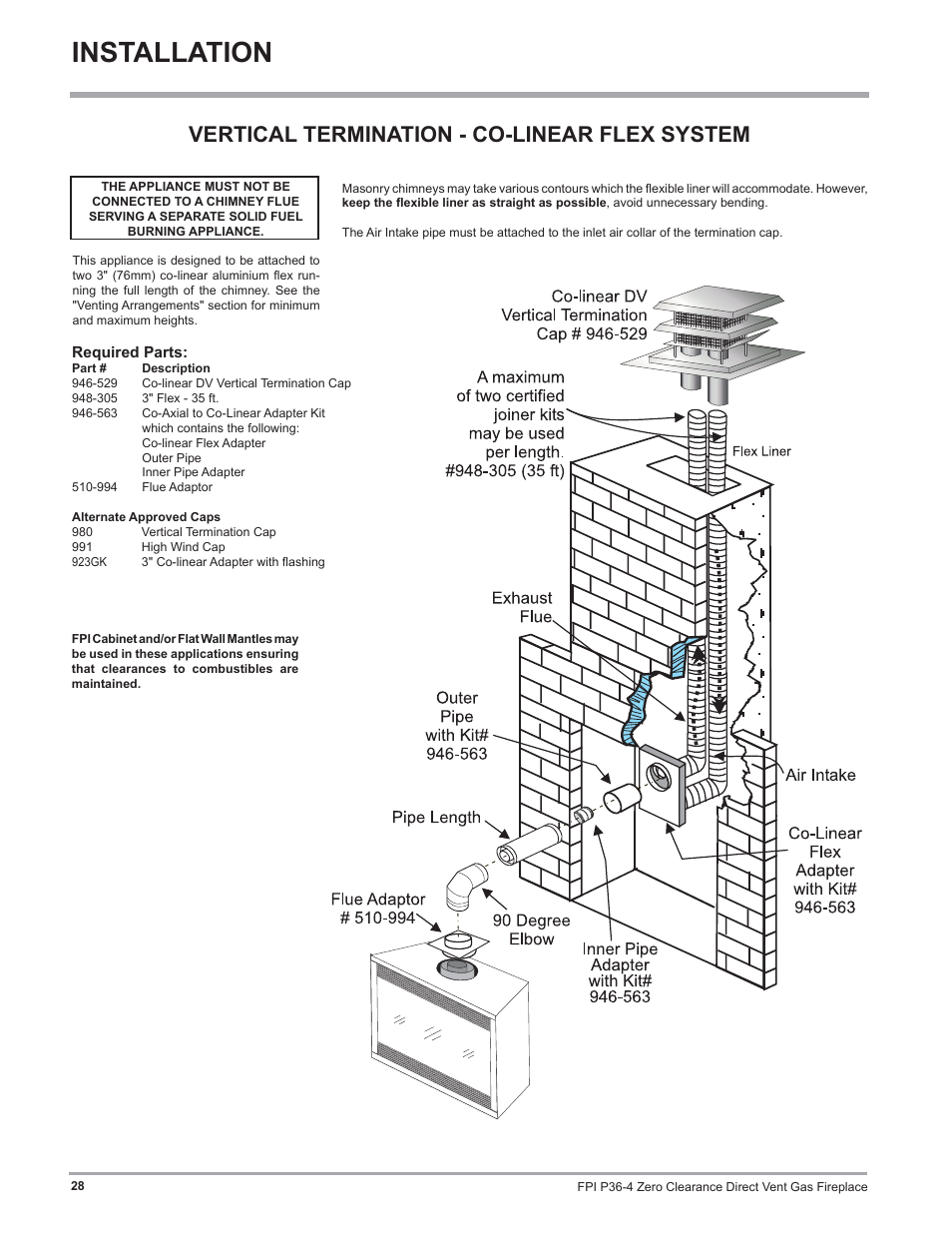 Installation, Vertical termination - co-linear flex system | Regency Zero Clearance Direct Vent Gas Fireplace P36-LP4 User Manual | Page 28 / 68