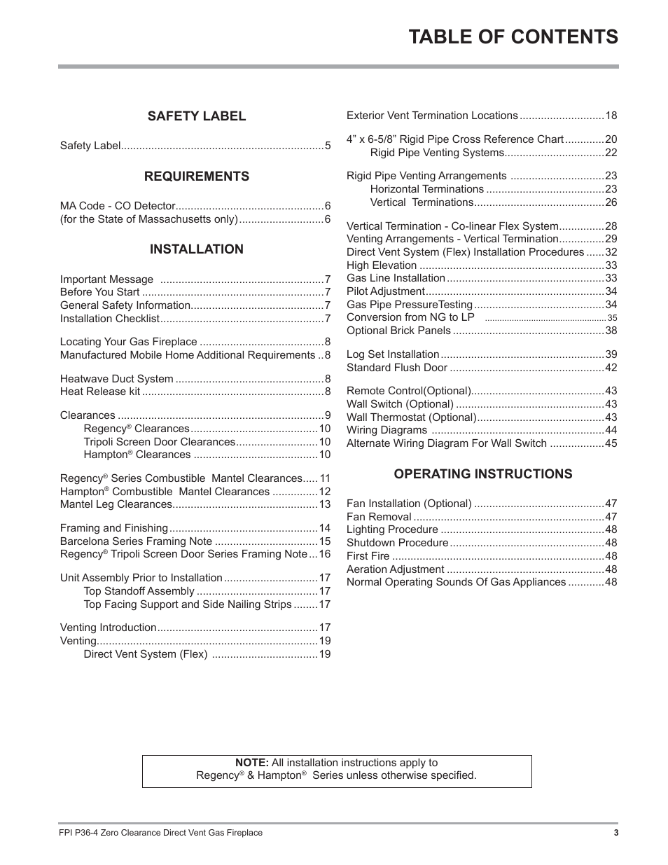 Regency Zero Clearance Direct Vent Gas Fireplace P36-LP4 User Manual | Page 3 / 68