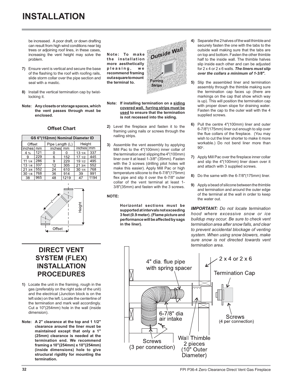 Installation, Direct vent system (flex) installation procedures | Regency Zero Clearance Direct Vent Gas Fireplace P36-LP4 User Manual | Page 32 / 68