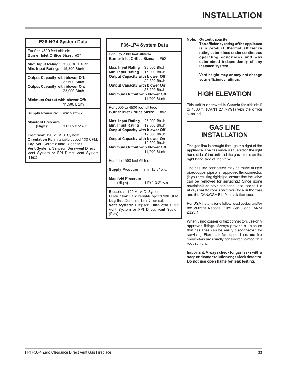 Installation, Gas line installation, High elevation | Regency Zero Clearance Direct Vent Gas Fireplace P36-LP4 User Manual | Page 33 / 68