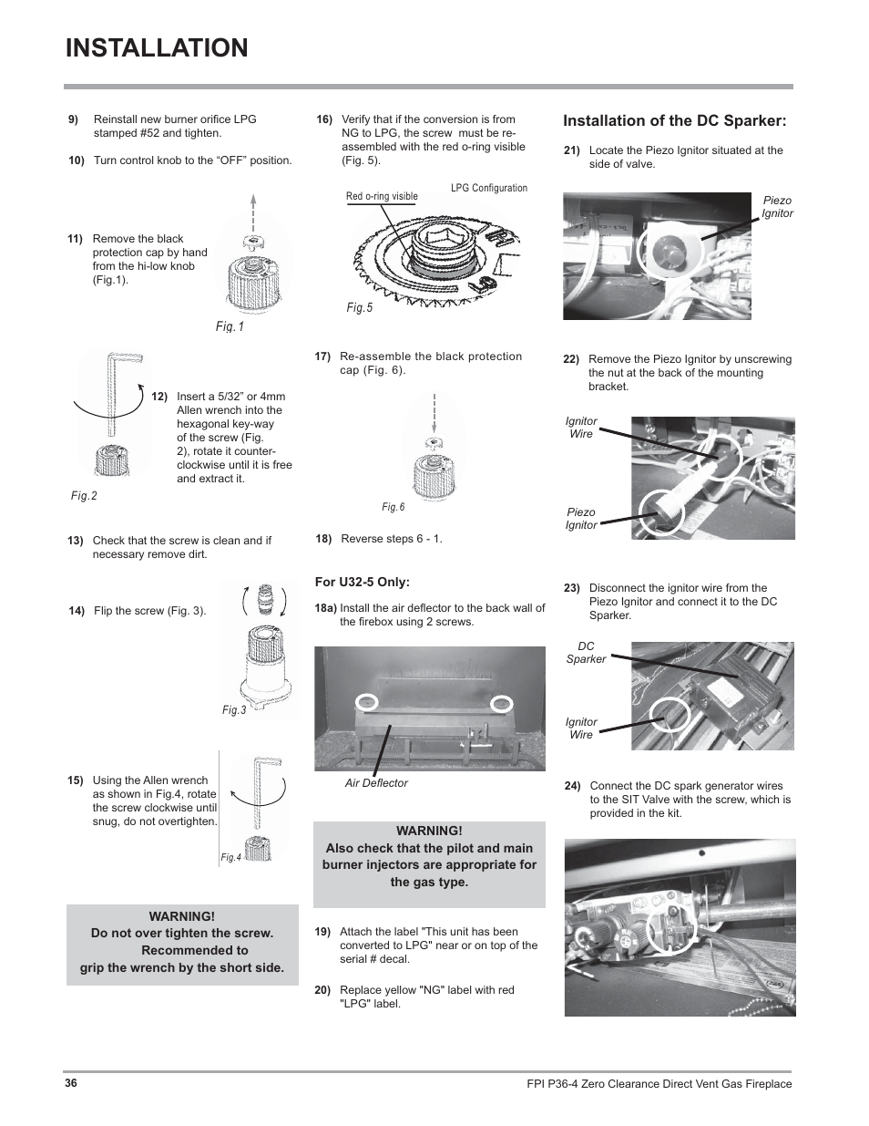 Installation, Installation of the dc sparker | Regency Zero Clearance Direct Vent Gas Fireplace P36-LP4 User Manual | Page 36 / 68