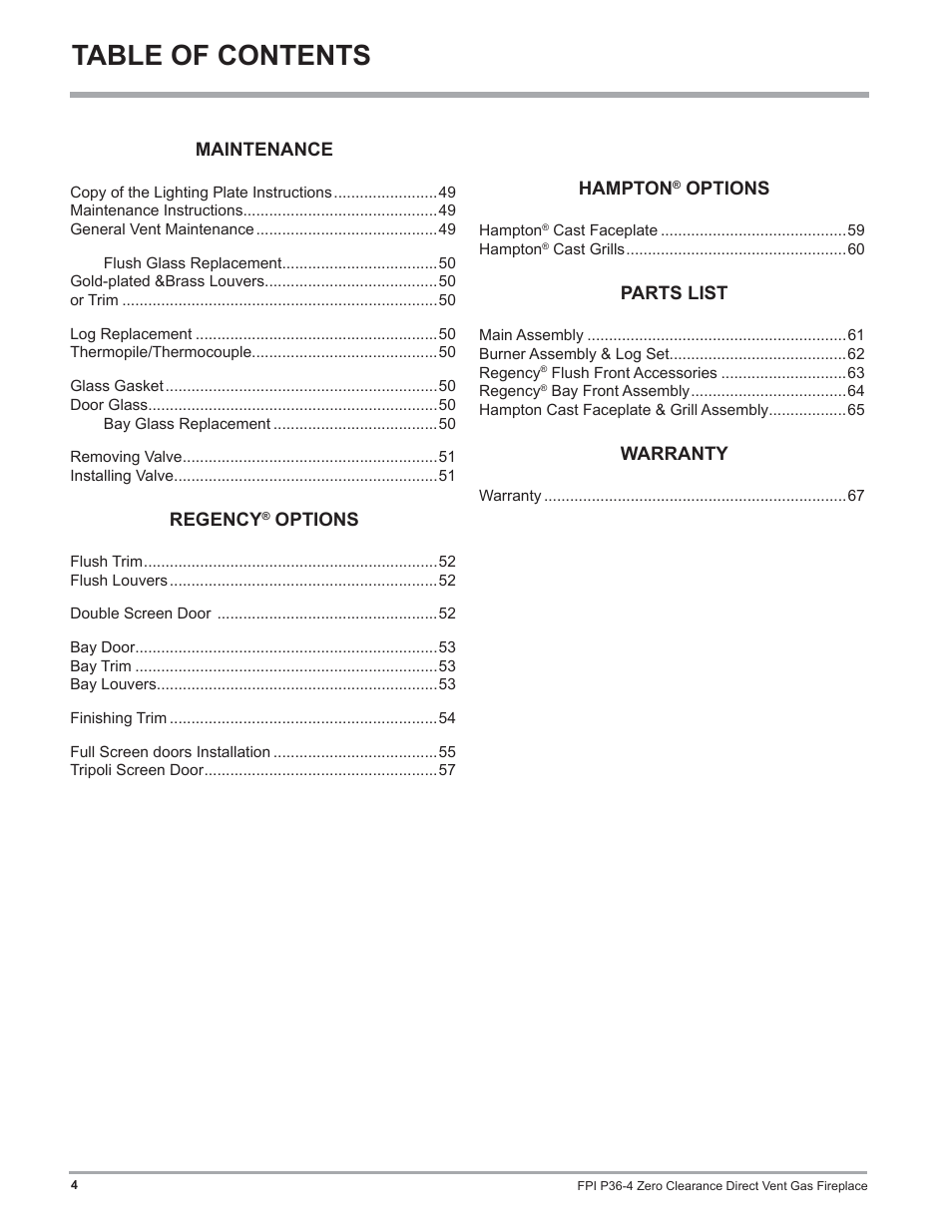 Regency Zero Clearance Direct Vent Gas Fireplace P36-LP4 User Manual | Page 4 / 68