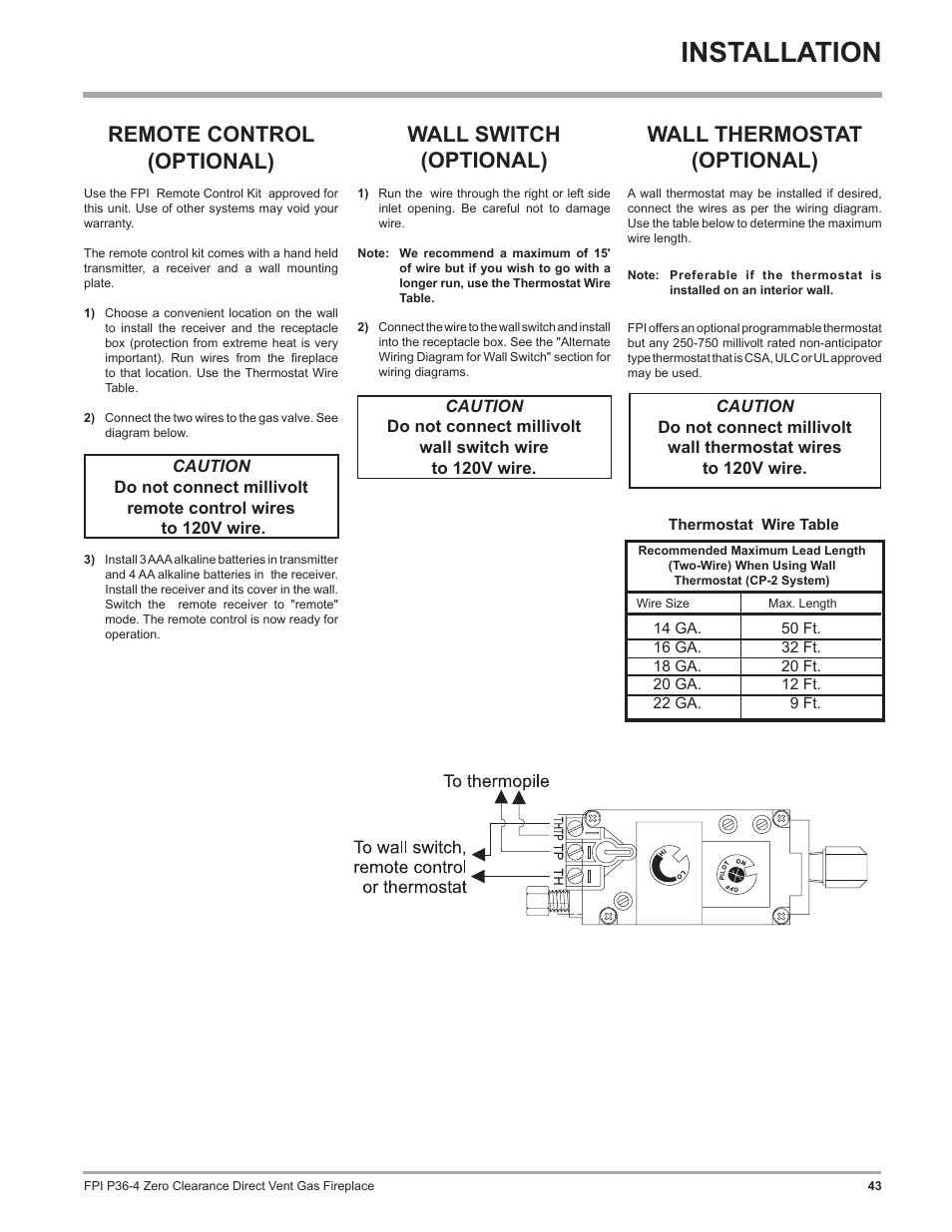 Installation, Remote control (optional), Wall switch (optional) | Wall thermostat (optional) | Regency Zero Clearance Direct Vent Gas Fireplace P36-LP4 User Manual | Page 43 / 68