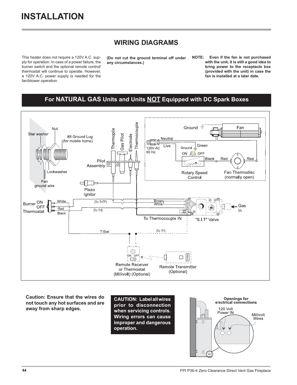 Installation, Wiring diagrams, Natural gas | Regency Zero Clearance Direct Vent Gas Fireplace P36-LP4 User Manual | Page 44 / 68