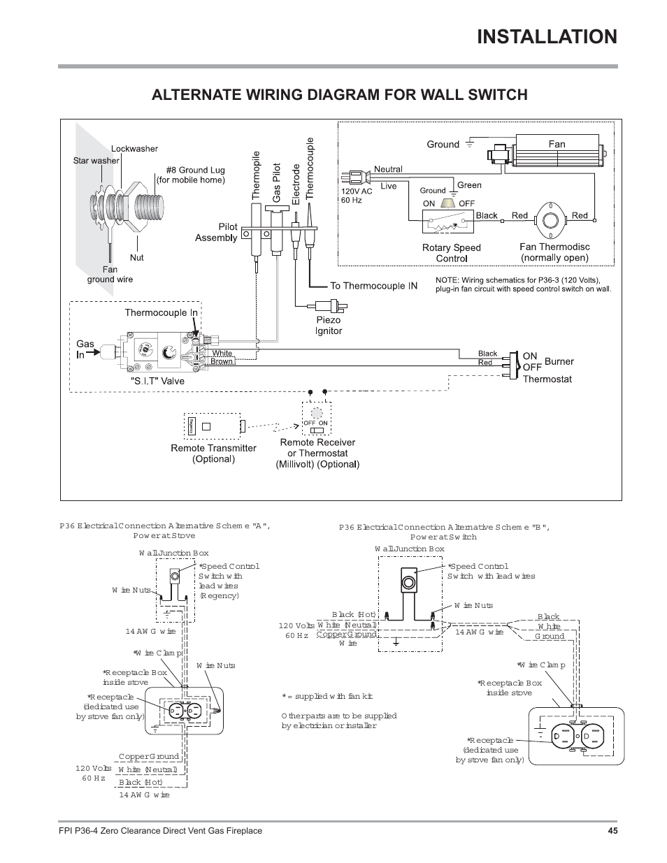 Installation, Alternate wiring diagram for wall switch | Regency Zero Clearance Direct Vent Gas Fireplace P36-LP4 User Manual | Page 45 / 68