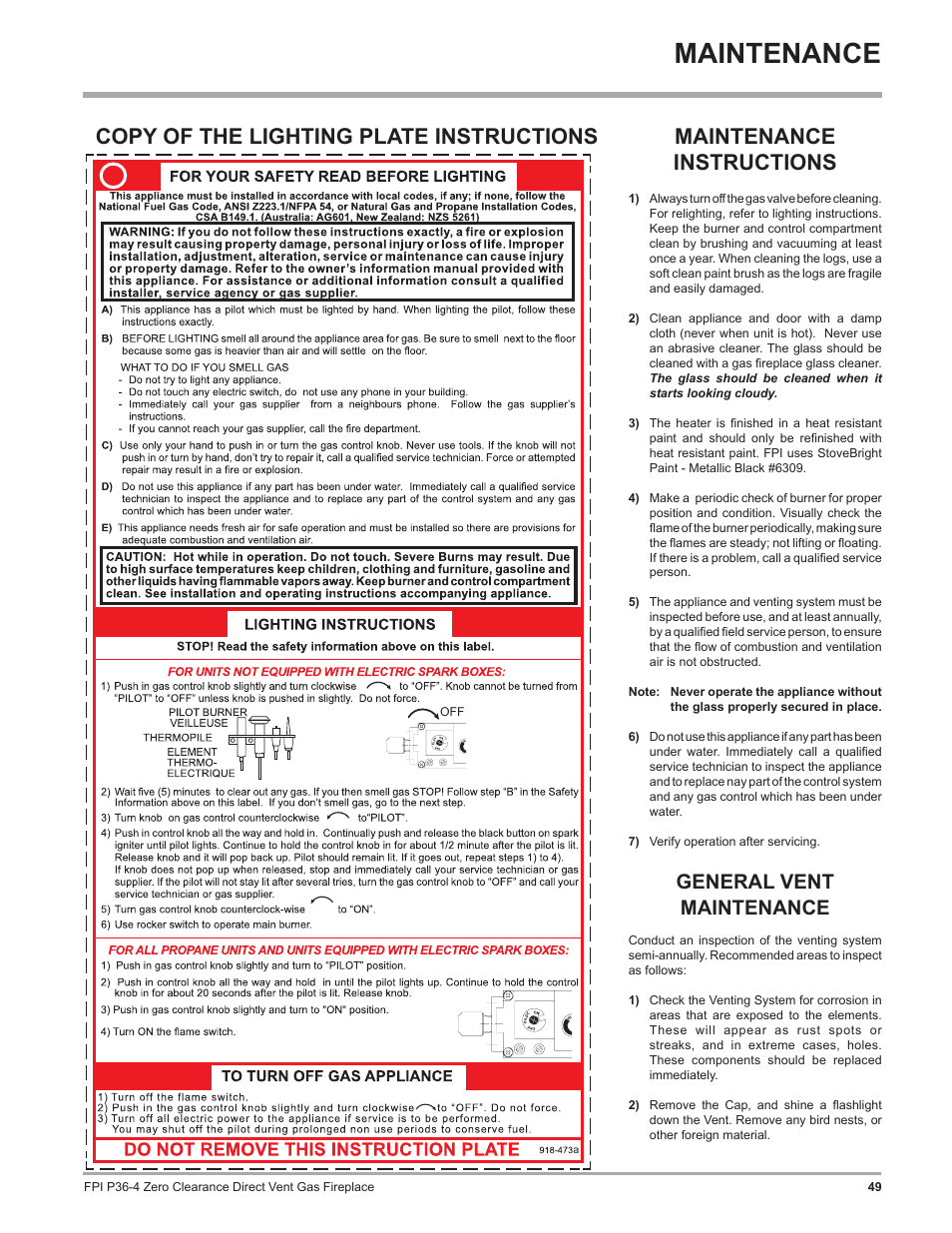 Maintenance, Maintenance instructions, Copy of the lighting plate instructions | General vent maintenance | Regency Zero Clearance Direct Vent Gas Fireplace P36-LP4 User Manual | Page 49 / 68