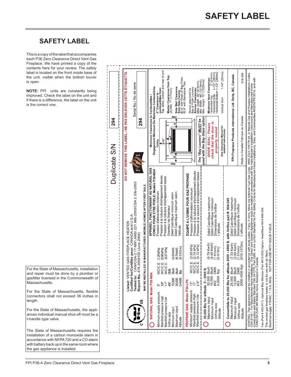 Safety label | Regency Zero Clearance Direct Vent Gas Fireplace P36-LP4 User Manual | Page 5 / 68