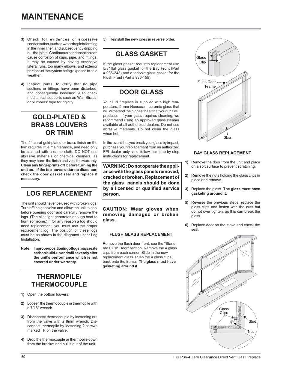 Maintenance, Gold-plated & brass louvers or trim, Log replacement | Thermopile/ thermocouple, Glass gasket, Door glass | Regency Zero Clearance Direct Vent Gas Fireplace P36-LP4 User Manual | Page 50 / 68