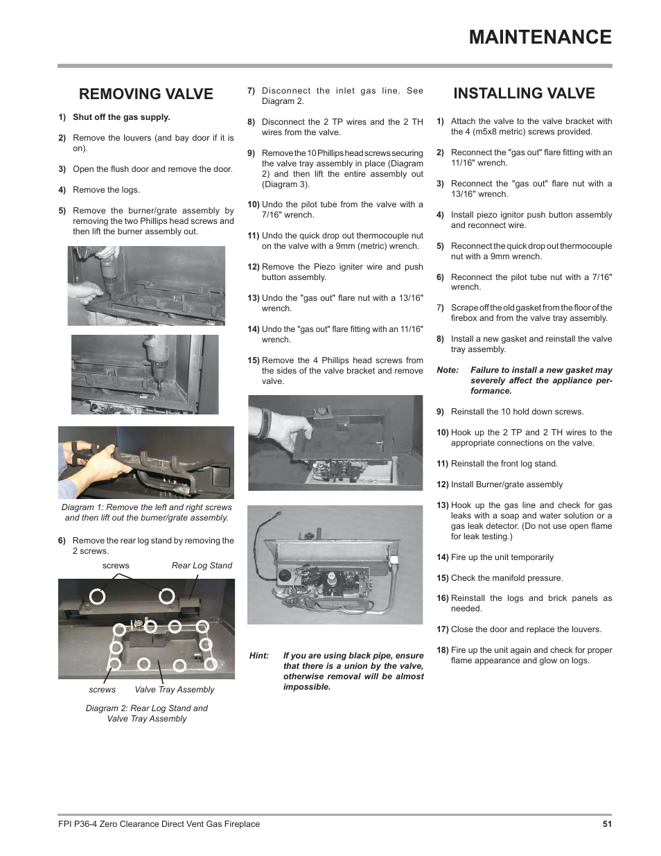 Maintenance, Installing valve, Removing valve | Regency Zero Clearance Direct Vent Gas Fireplace P36-LP4 User Manual | Page 51 / 68