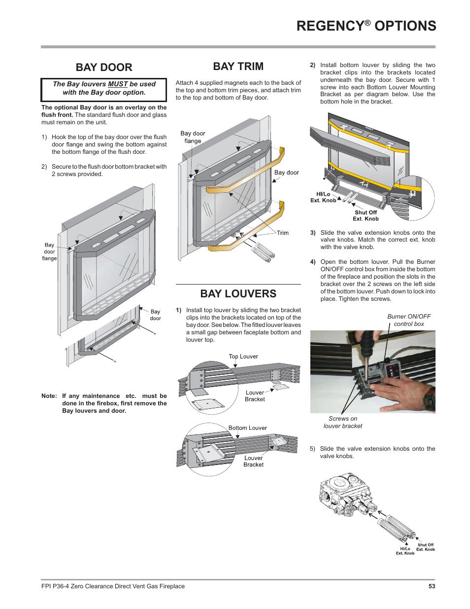 Regency, Options, Bay louvers | Bay door, Bay trim | Regency Zero Clearance Direct Vent Gas Fireplace P36-LP4 User Manual | Page 53 / 68