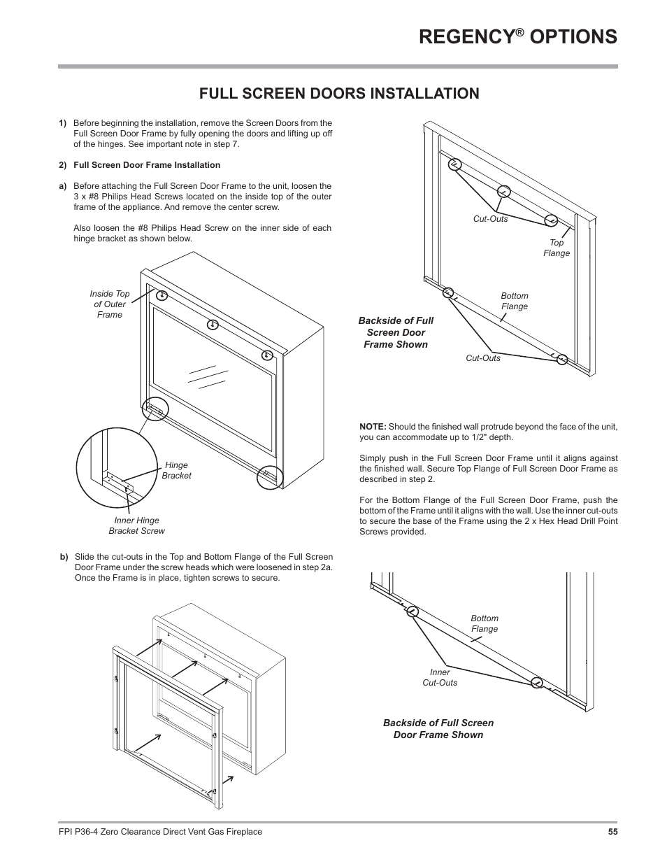 Regency, Options, Full screen doors installation | Regency Zero Clearance Direct Vent Gas Fireplace P36-LP4 User Manual | Page 55 / 68