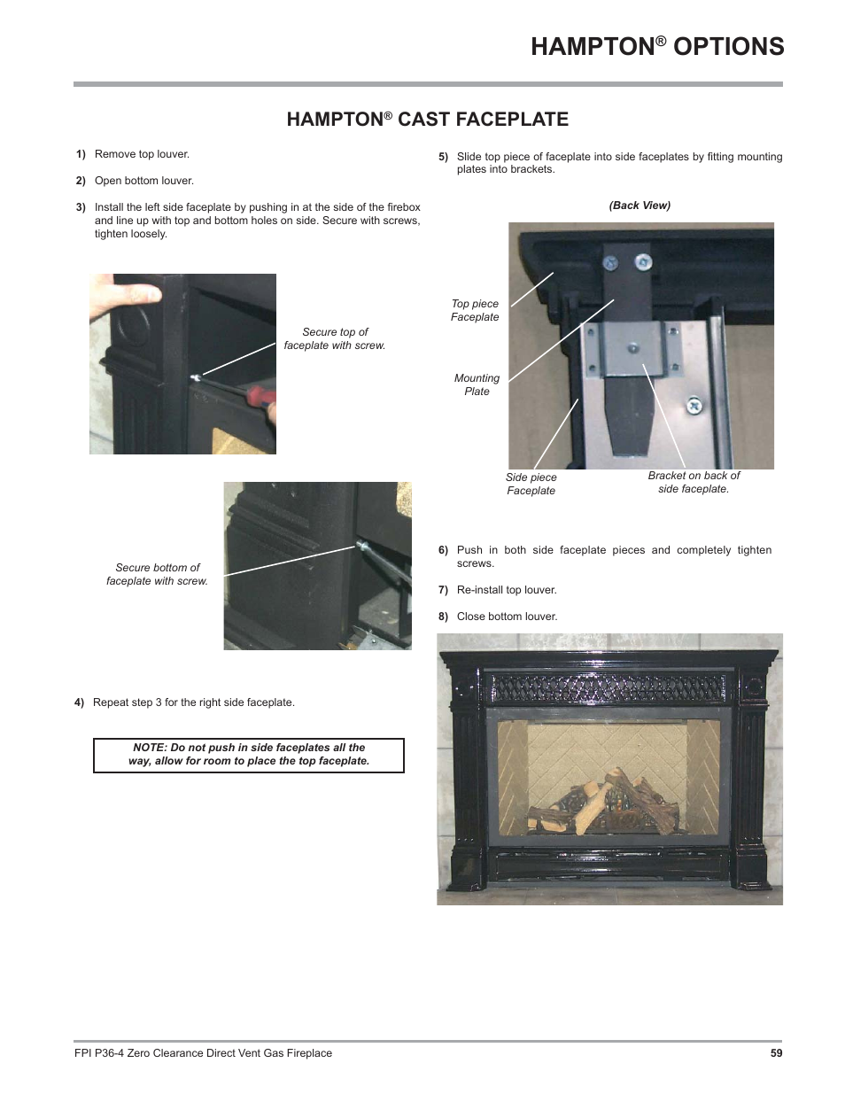 Hampton, Options, Cast faceplate | Regency Zero Clearance Direct Vent Gas Fireplace P36-LP4 User Manual | Page 59 / 68