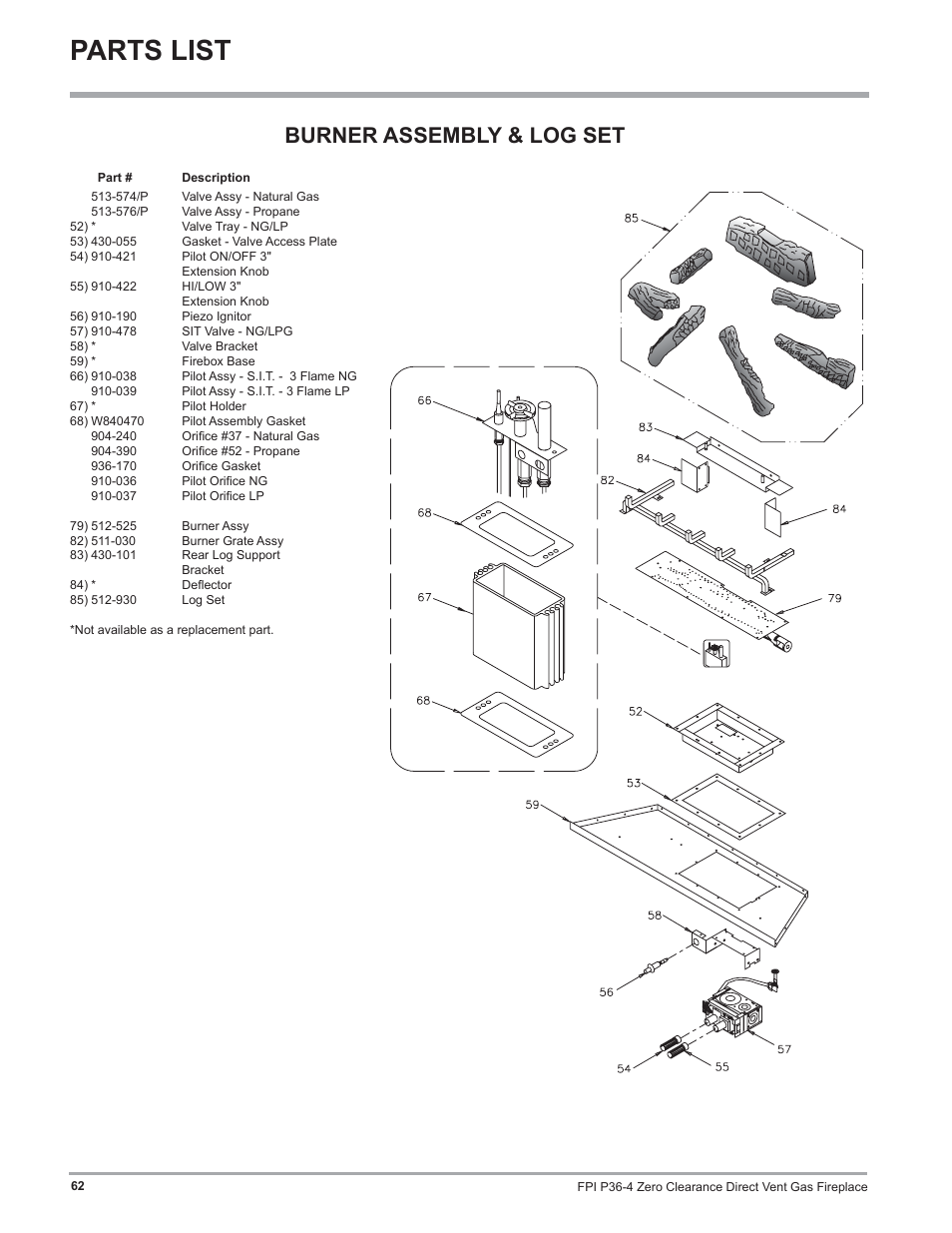Parts list, Burner assembly & log set | Regency Zero Clearance Direct Vent Gas Fireplace P36-LP4 User Manual | Page 62 / 68