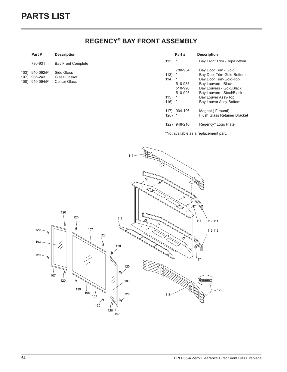 Parts list, Regency, Bay front assembly | Regency Zero Clearance Direct Vent Gas Fireplace P36-LP4 User Manual | Page 64 / 68