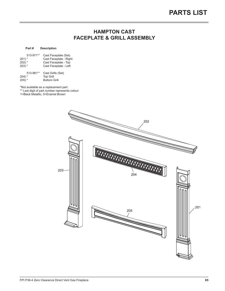 Parts list, Hampton cast faceplate & grill assembly | Regency Zero Clearance Direct Vent Gas Fireplace P36-LP4 User Manual | Page 65 / 68