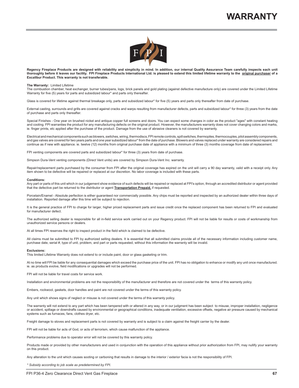 Warranty | Regency Zero Clearance Direct Vent Gas Fireplace P36-LP4 User Manual | Page 67 / 68