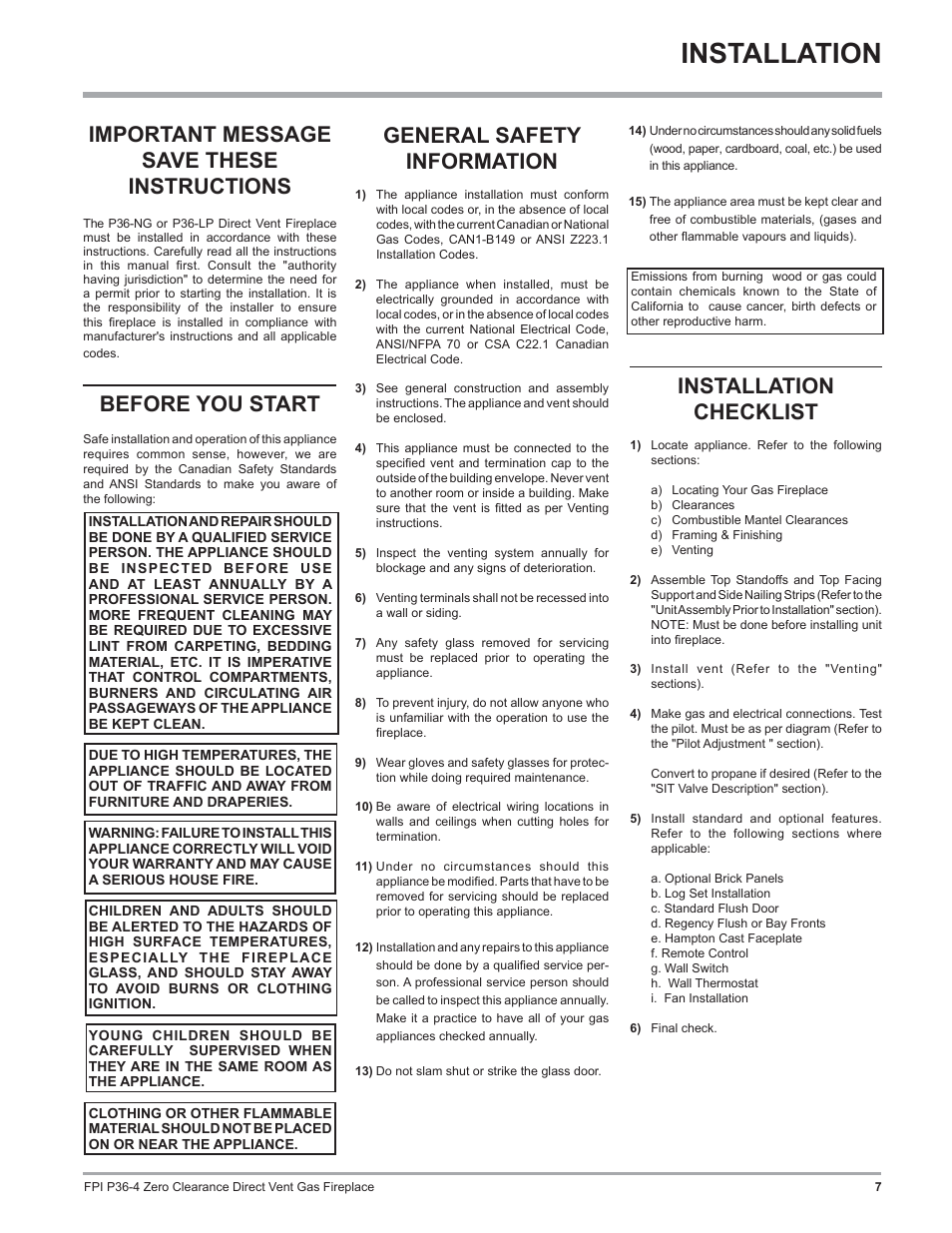 Installation, Important message save these instructions, Before you start | General safety information, Installation checklist | Regency Zero Clearance Direct Vent Gas Fireplace P36-LP4 User Manual | Page 7 / 68