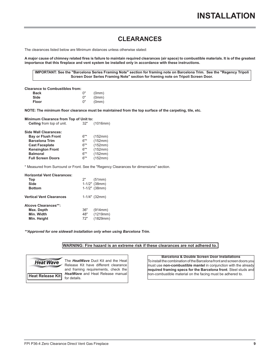 Installation, Clearances | Regency Zero Clearance Direct Vent Gas Fireplace P36-LP4 User Manual | Page 9 / 68