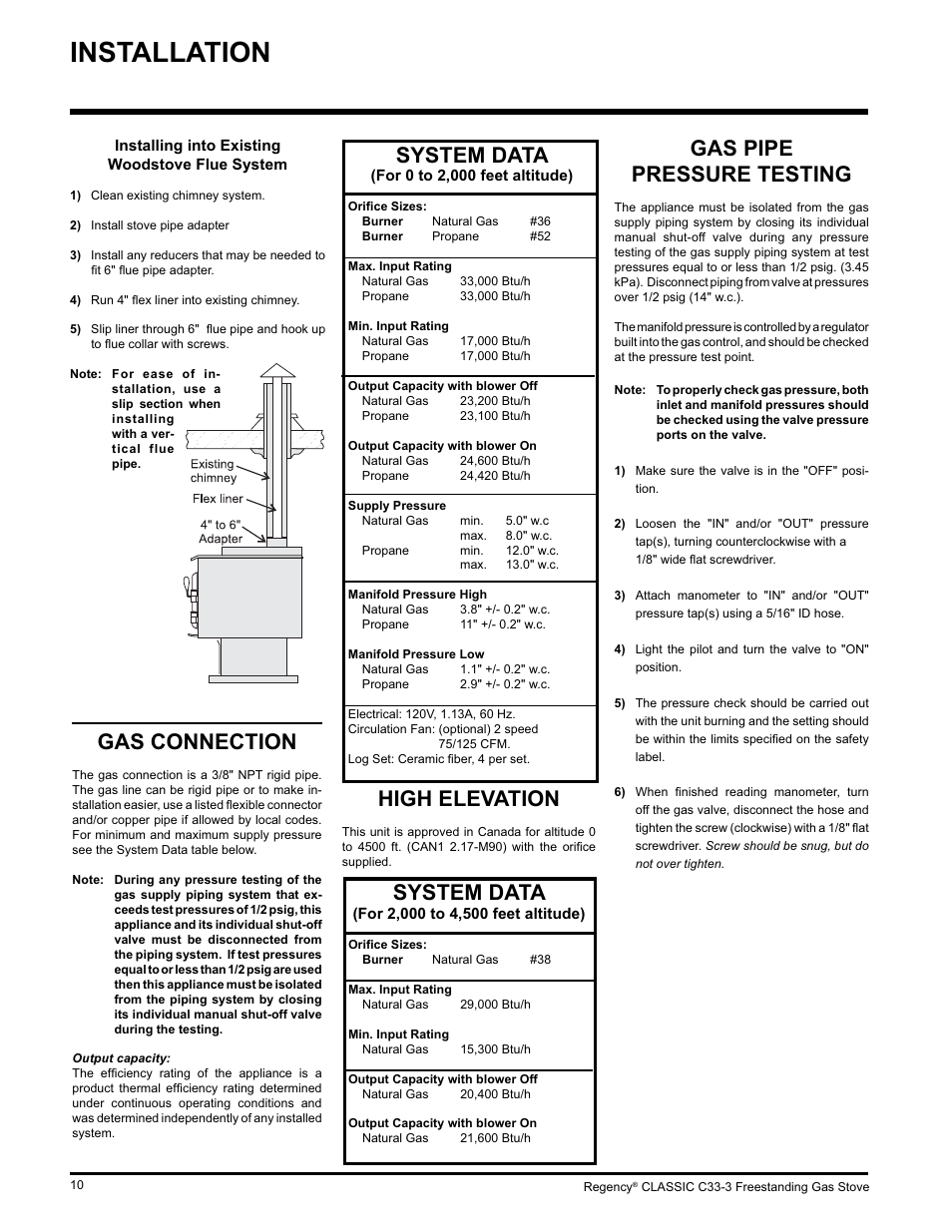 Installation, High elevation, Gas pipe pressure testing | Gas connection, System data | Regency C33-LP3 User Manual | Page 10 / 28