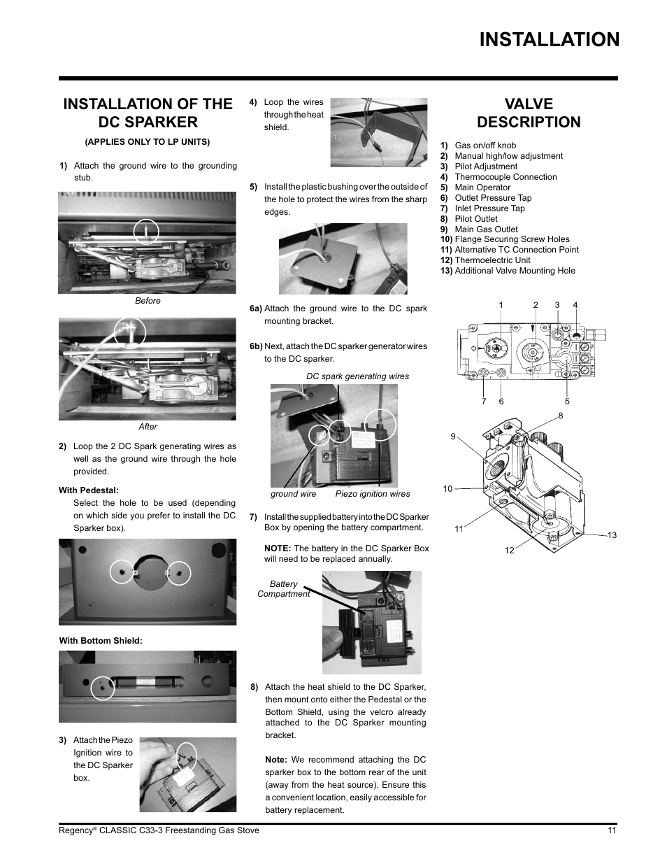 Installation, Valve description, Installation of the dc sparker | Regency C33-LP3 User Manual | Page 11 / 28