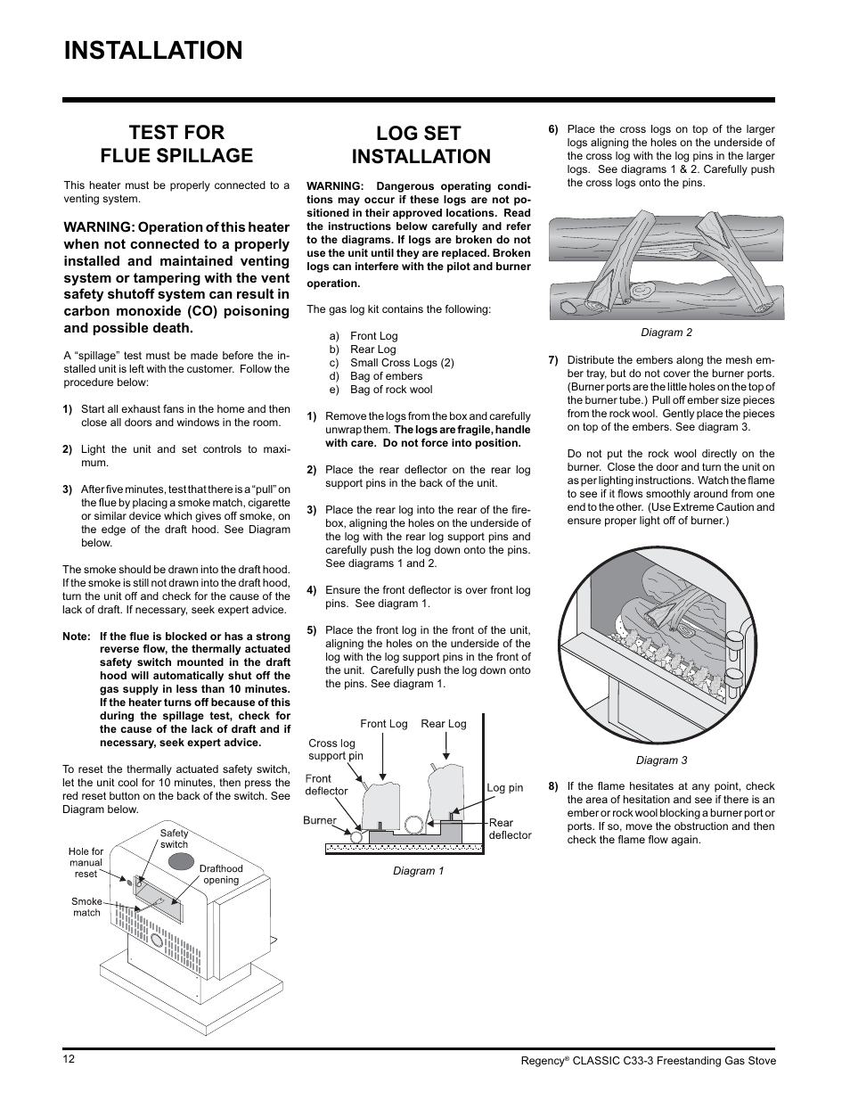 Installation, Log set installation, Test for flue spillage | Regency C33-LP3 User Manual | Page 12 / 28