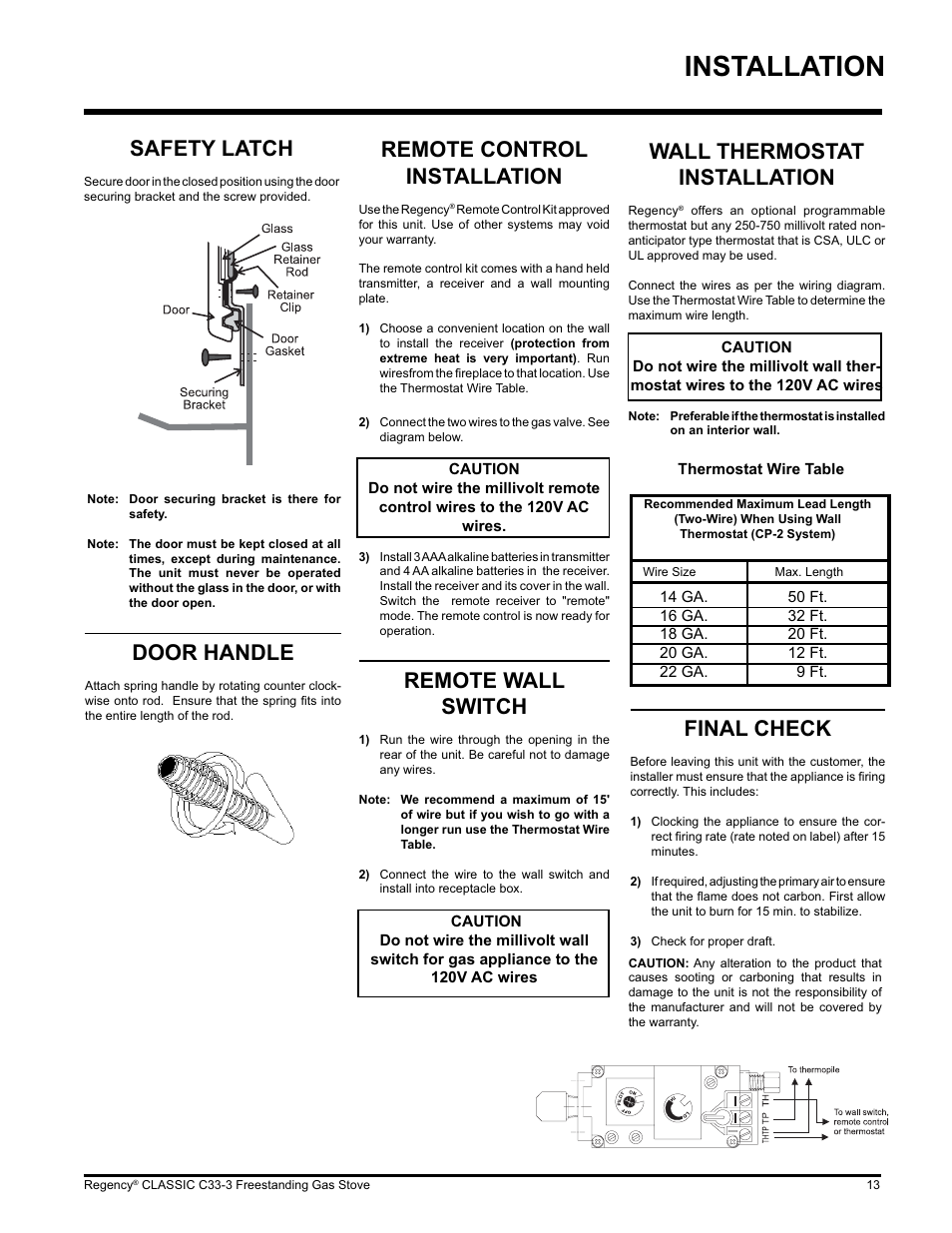 Installation, Final check, Safety latch | Door handle, Remote control installation, Remote wall switch, Wall thermostat installation | Regency C33-LP3 User Manual | Page 13 / 28