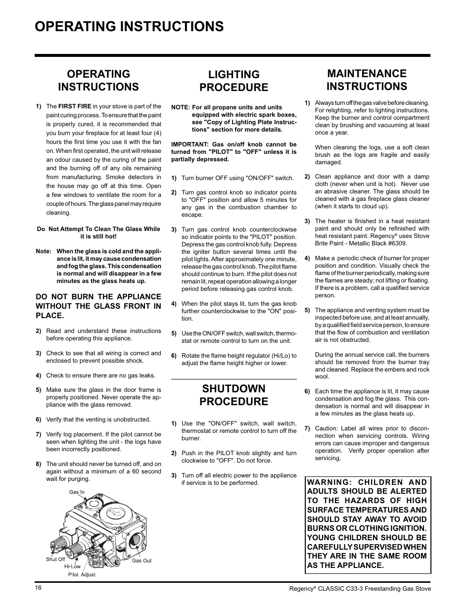 Operating instructions, Lighting procedure, Shutdown procedure | Maintenance instructions | Regency C33-LP3 User Manual | Page 16 / 28