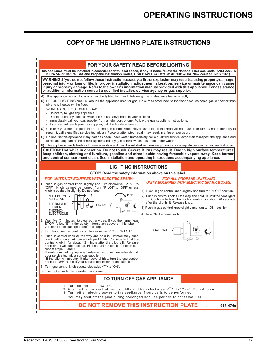 Operating instructions, Copy of the lighting plate instructions, Do not remove this instruction plate | For your safety read before lighting, Lighting instructions to turn off gas appliance | Regency C33-LP3 User Manual | Page 17 / 28