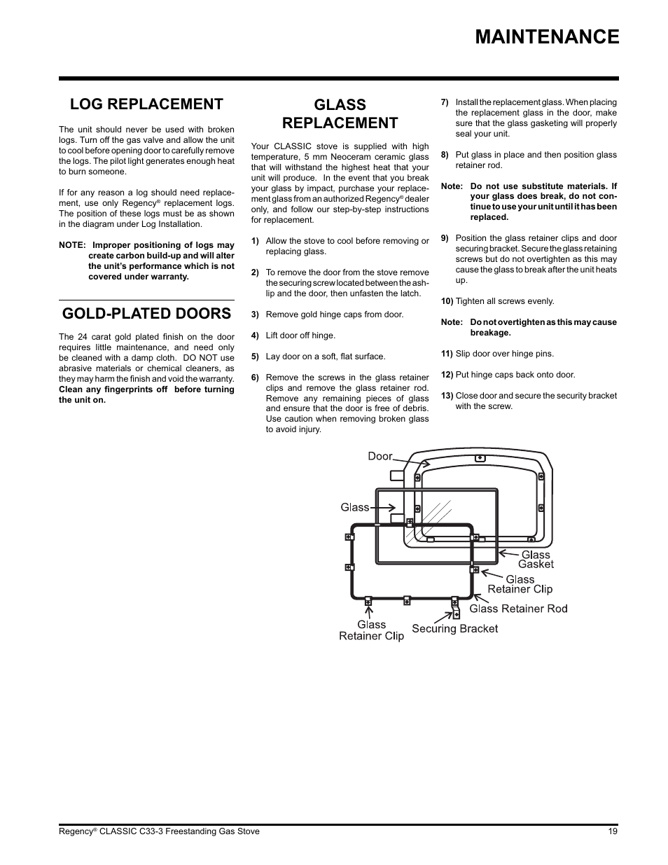 Maintenance, Glass replacement, Log replacement | Gold-plated doors | Regency C33-LP3 User Manual | Page 19 / 28