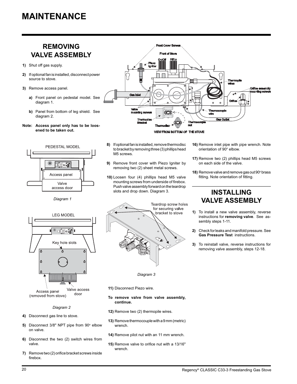 Maintenance, Removing valve assembly, Installing valve assembly | Regency C33-LP3 User Manual | Page 20 / 28