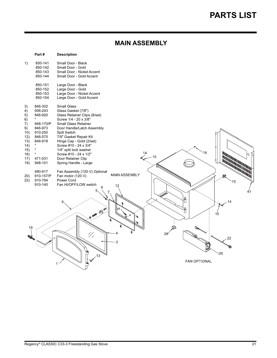 Parts list, Main assembly | Regency C33-LP3 User Manual | Page 21 / 28