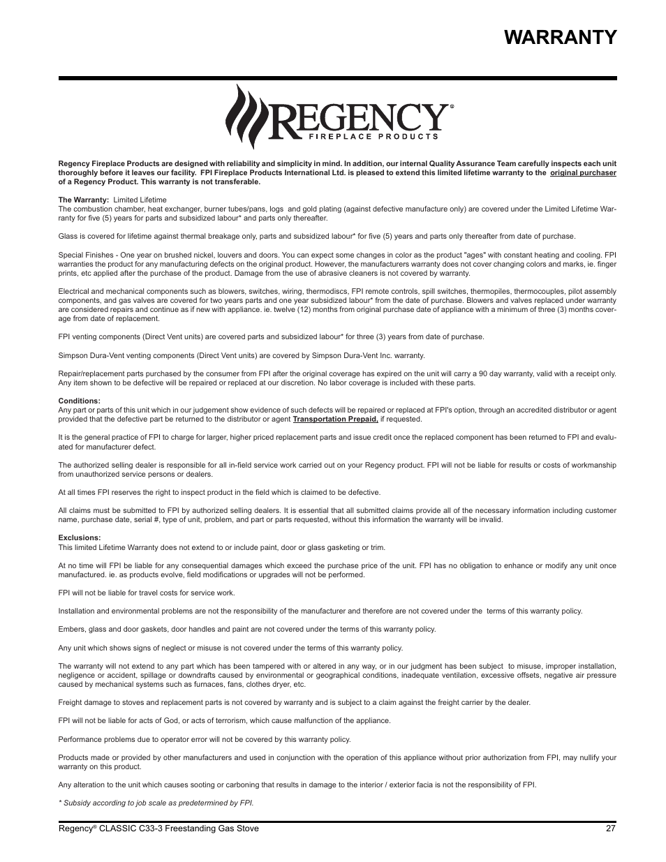 Warranty | Regency C33-LP3 User Manual | Page 27 / 28