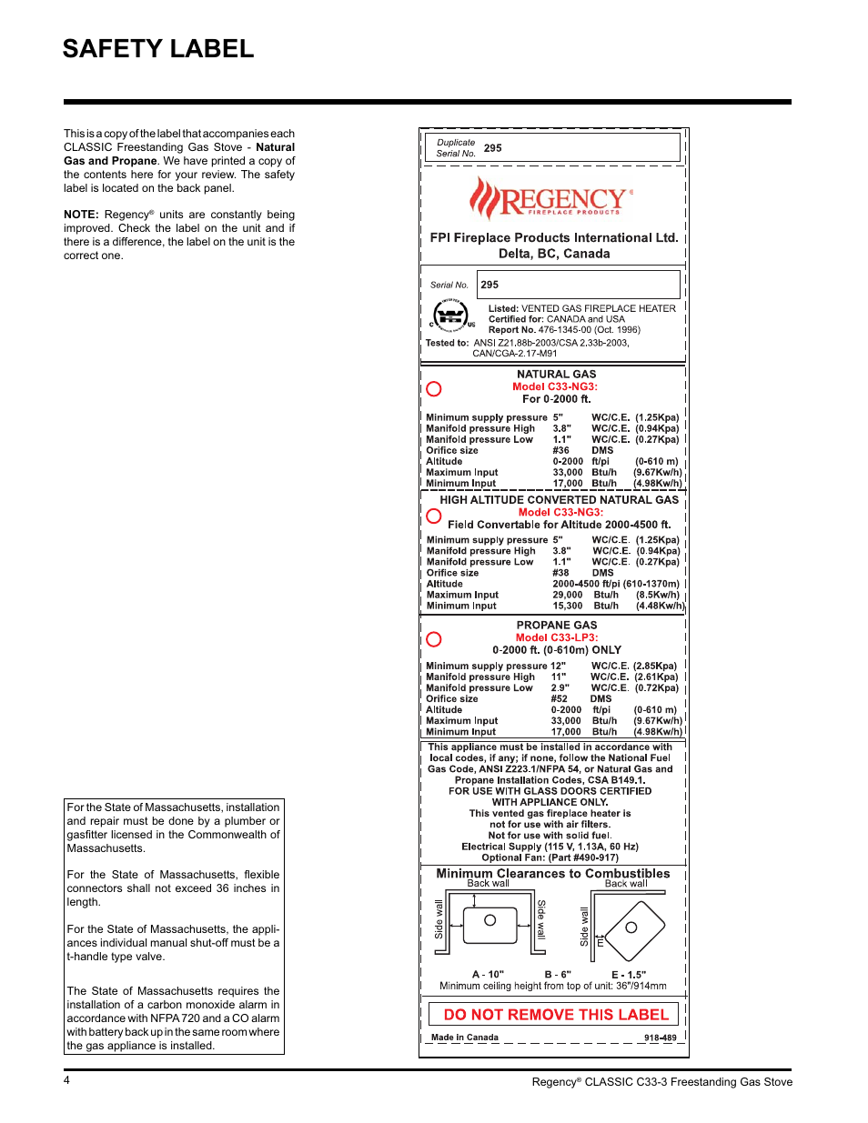 Safety label | Regency C33-LP3 User Manual | Page 4 / 28