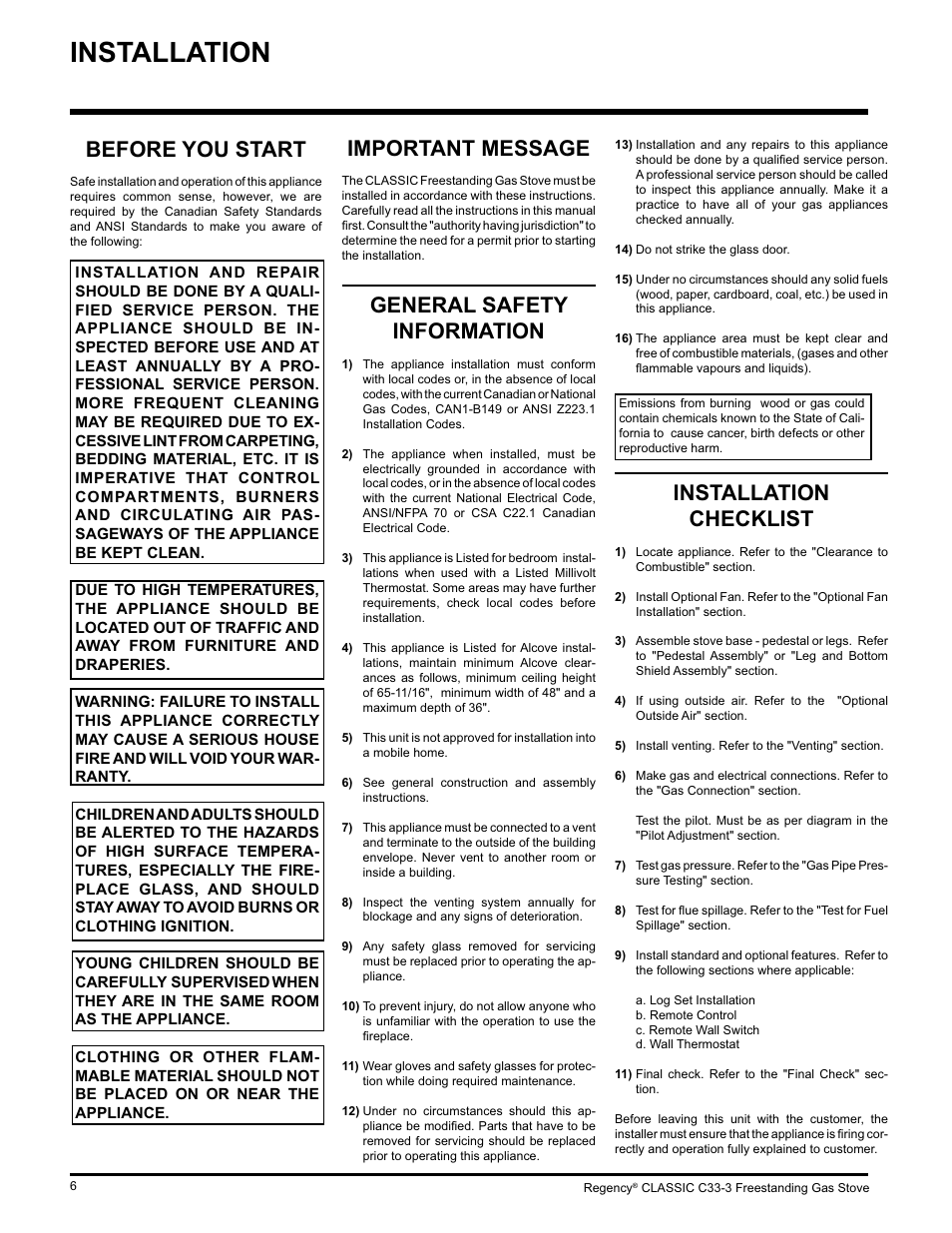 Installation, Important message, General safety information | Before you start, Installation checklist | Regency C33-LP3 User Manual | Page 6 / 28