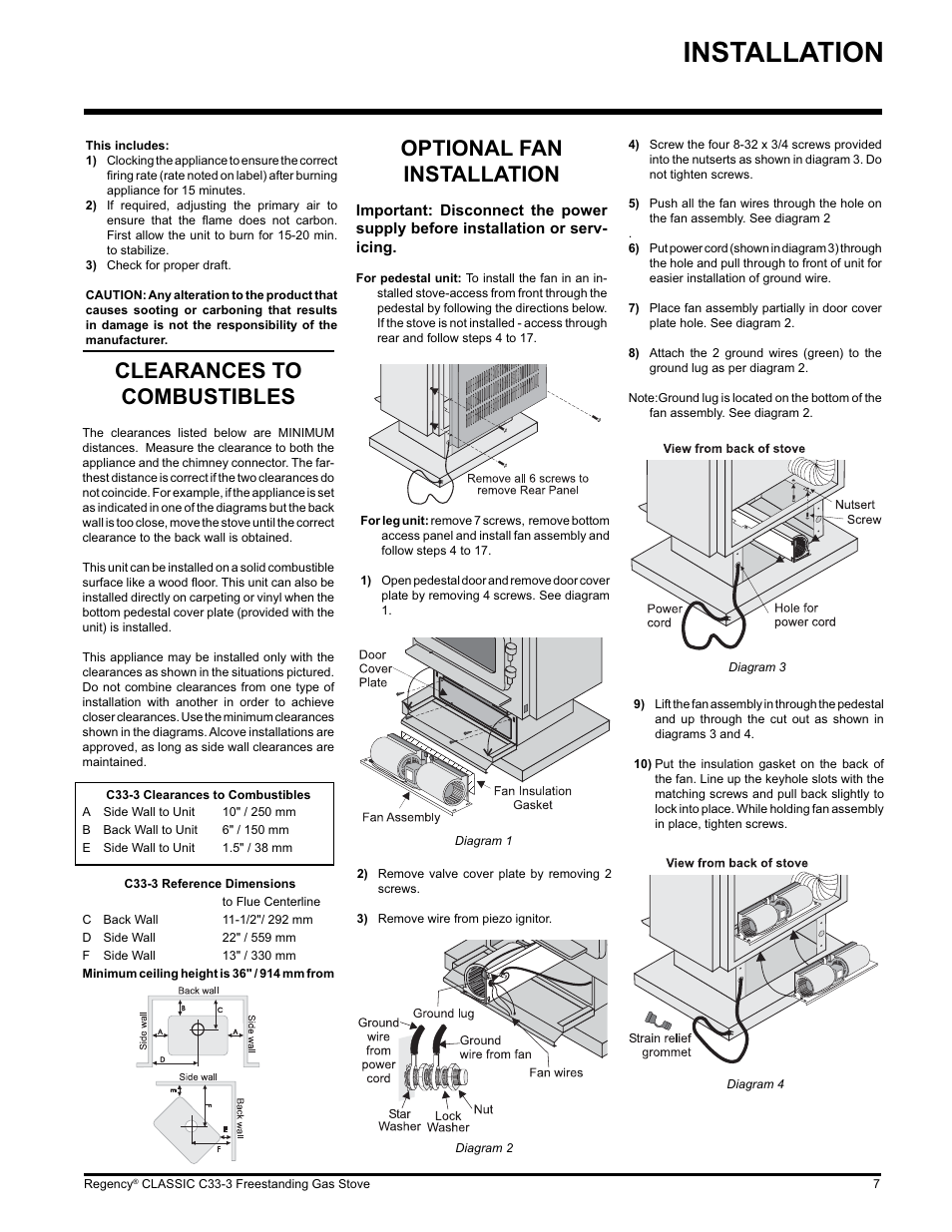 Installation, Optional fan installation, Clearances to combustibles | Regency C33-LP3 User Manual | Page 7 / 28