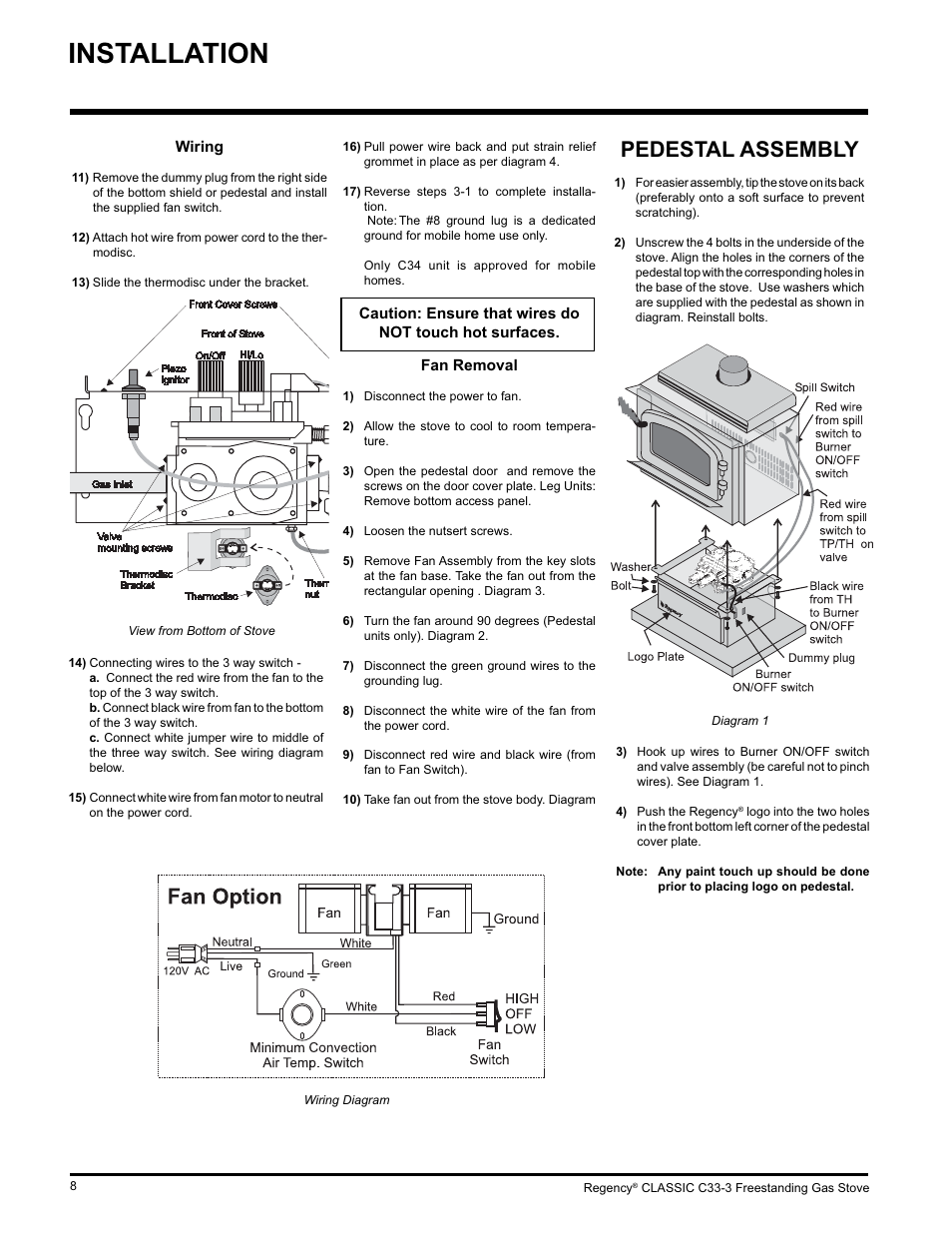 Installation, Pedestal assembly | Regency C33-LP3 User Manual | Page 8 / 28