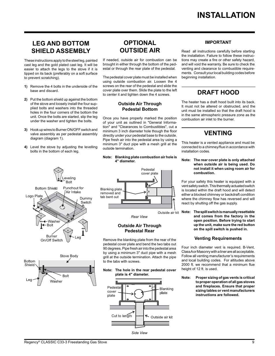 Installation, Venting, Optional outside air | Draft hood, Leg and bottom shield assembly | Regency C33-LP3 User Manual | Page 9 / 28