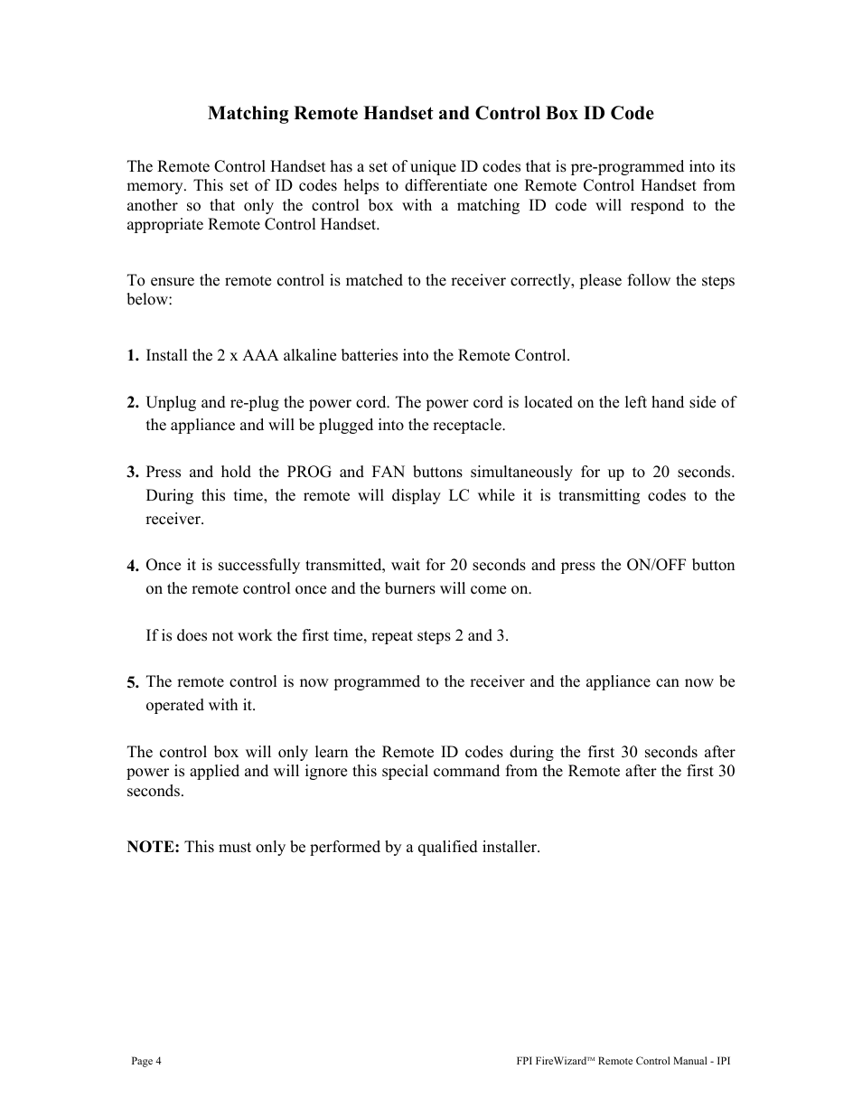 Matching remote handset and control box id code | Regency FireWizard User Manual | Page 4 / 12