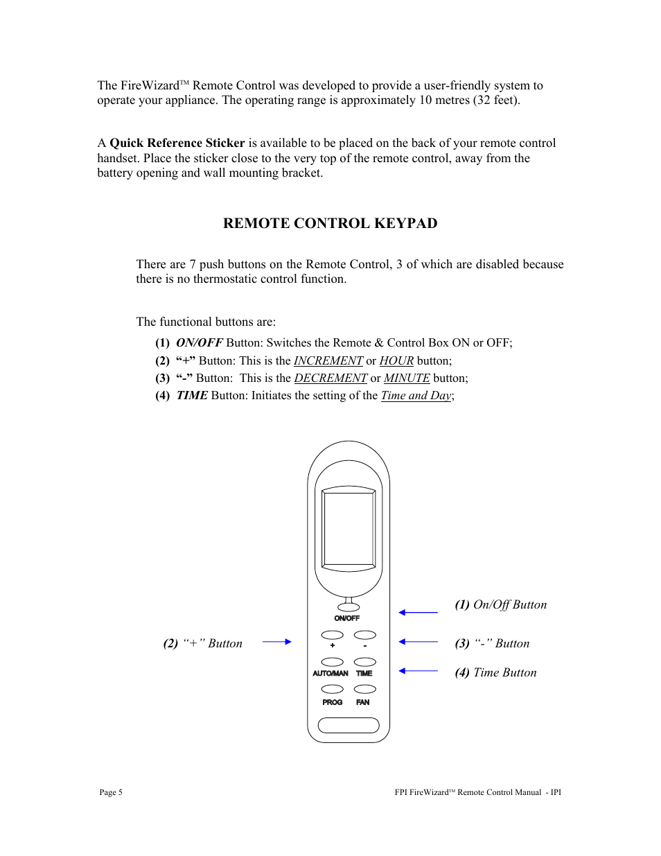 Remote control keypad | Regency FireWizard User Manual | Page 5 / 12