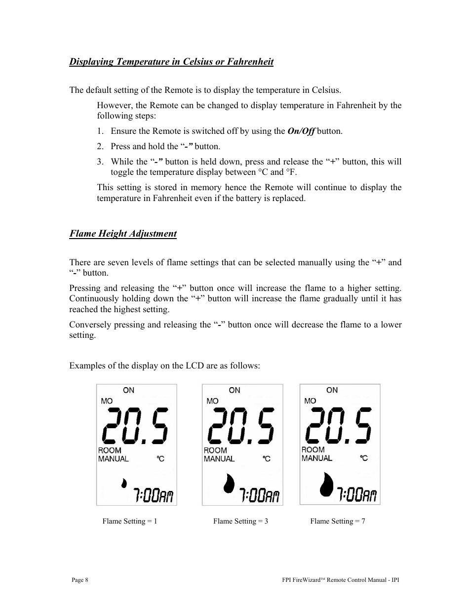 Displaying temperature in celsius or fahrenheit, Flame height adjustment | Regency FireWizard User Manual | Page 8 / 12