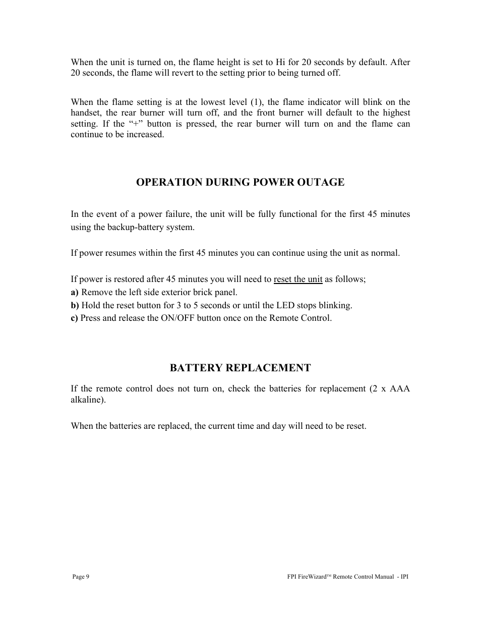 Operation during power outage, Battery replacement | Regency FireWizard User Manual | Page 9 / 12