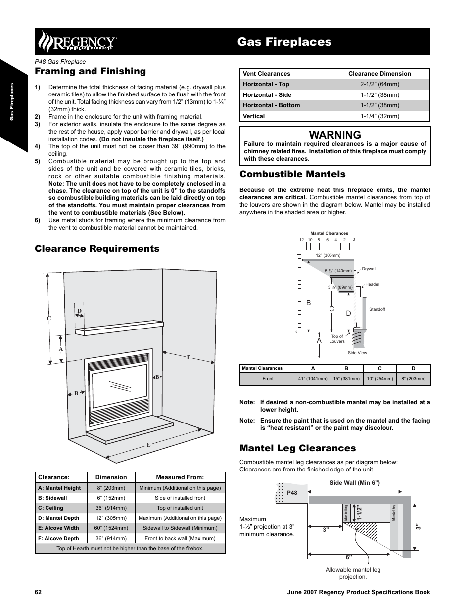 Gas fireplaces, Warning, Framing and finishing | Mantel leg clearances, Combustible mantels, Clearance requirements | Regency Panorama P48 User Manual | Page 2 / 7