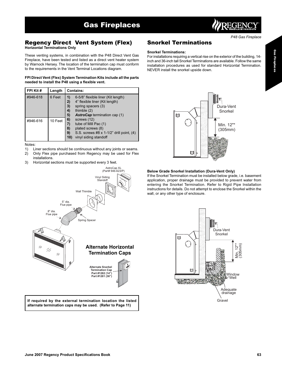 Gas fireplaces, Snorkel terminations, Regency direct vent system (flex) | Alternate horizontal termination caps | Regency Panorama P48 User Manual | Page 3 / 7