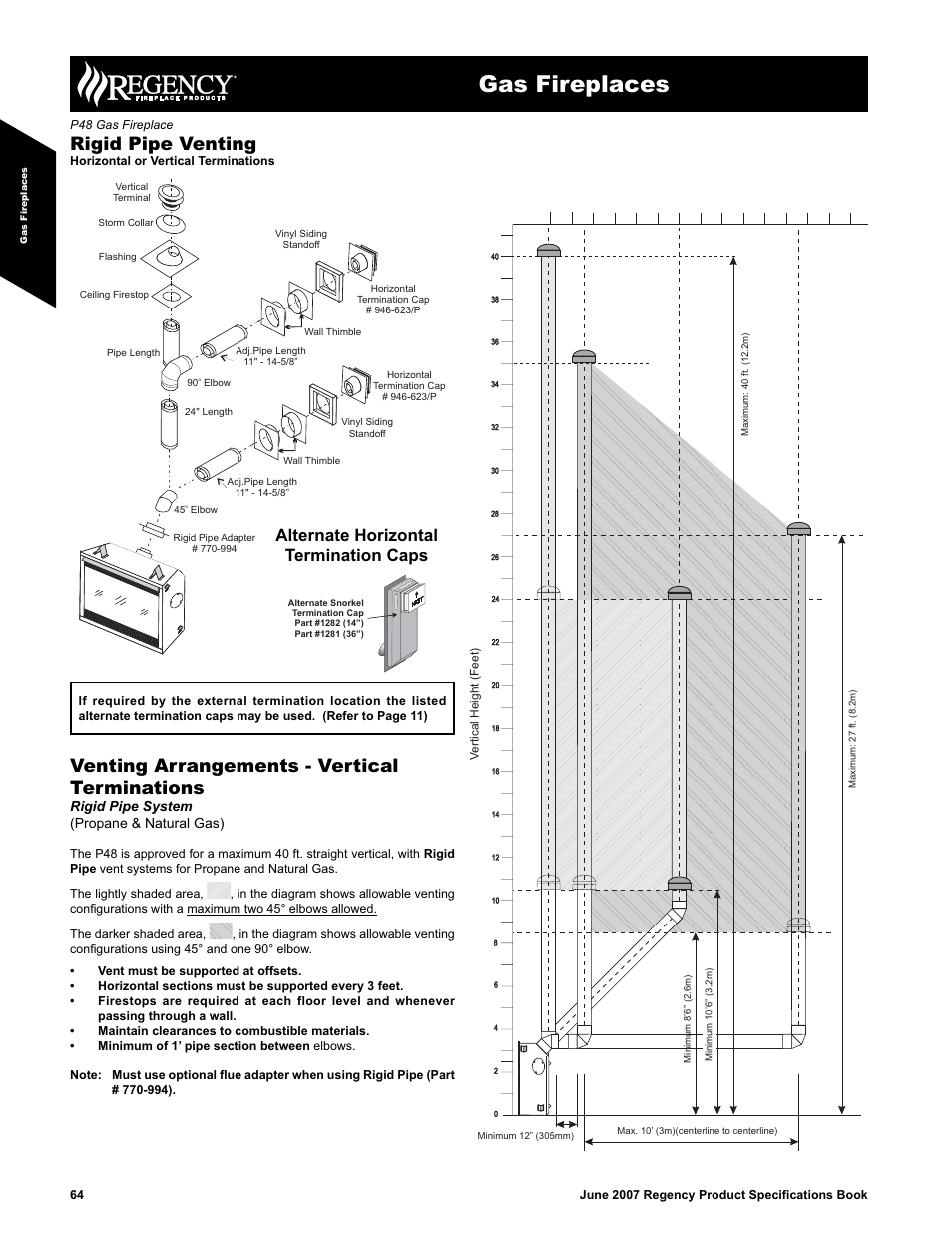 Gas fireplaces, Rigid pipe venting, Venting arrangements - vertical terminations | Alternate horizontal termination caps, Rigid pipe system (propane & natural gas) | Regency Panorama P48 User Manual | Page 4 / 7