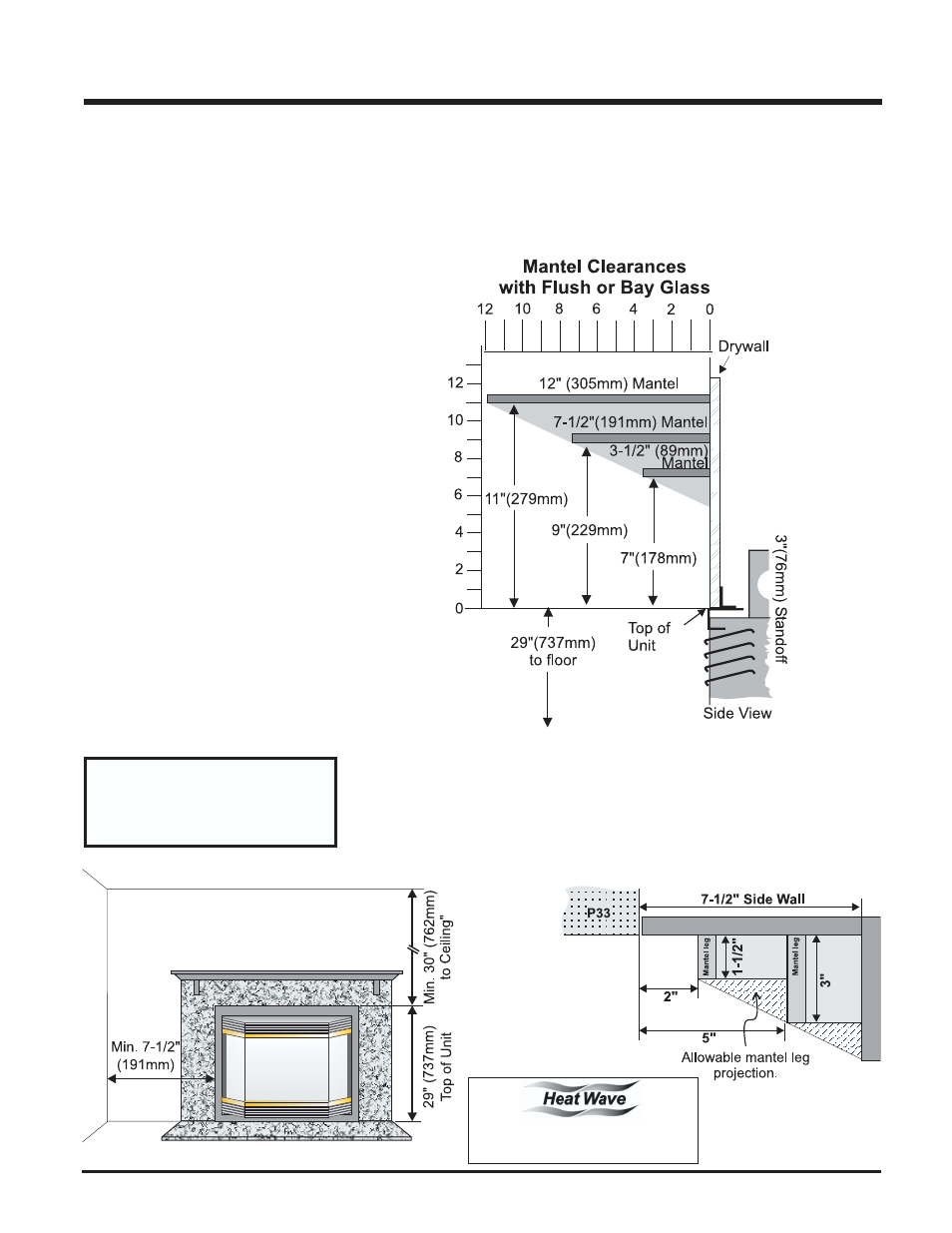 Installation, Combustible mantels, Mantel leg clearances | Clearances | Regency P33R-LP2 User Manual | Page 7 / 40